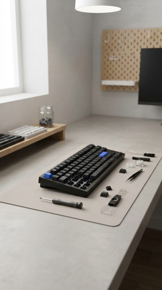 Teclado mecânico preto com teclas azuis e ferramentas de manutenção numa mesa clara e organizada