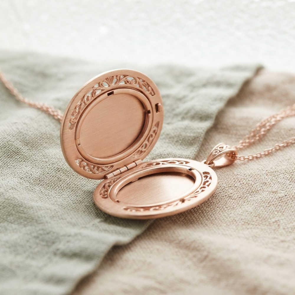 Medalhão oval aberto em ouro rosé com corrente fina sobre pano texturado