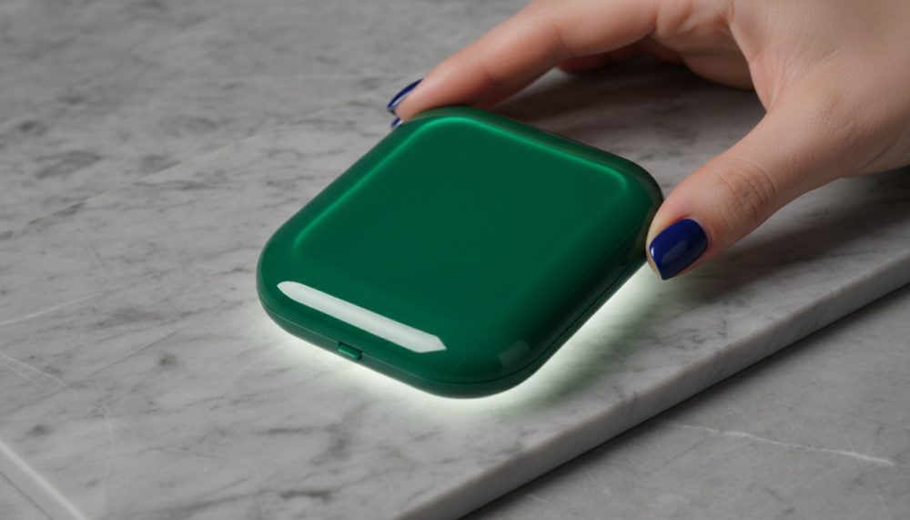 Mão com unhas azuis segura caixa verde brilhante com espelho compacto iluminado sobre mármore