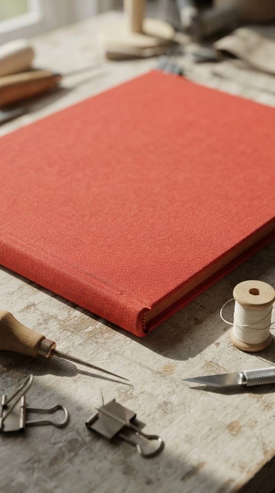 Caderno vermelho encapado e ferramentas de costura sobre mesa rústica