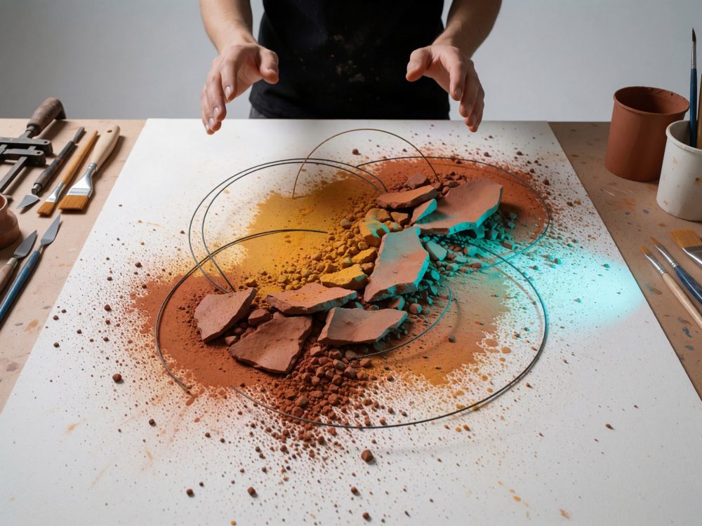Conjunto de terra, pigmentos coloridos e fragmentos de cerâmica em arte abstrata sobre mesa de trabalho