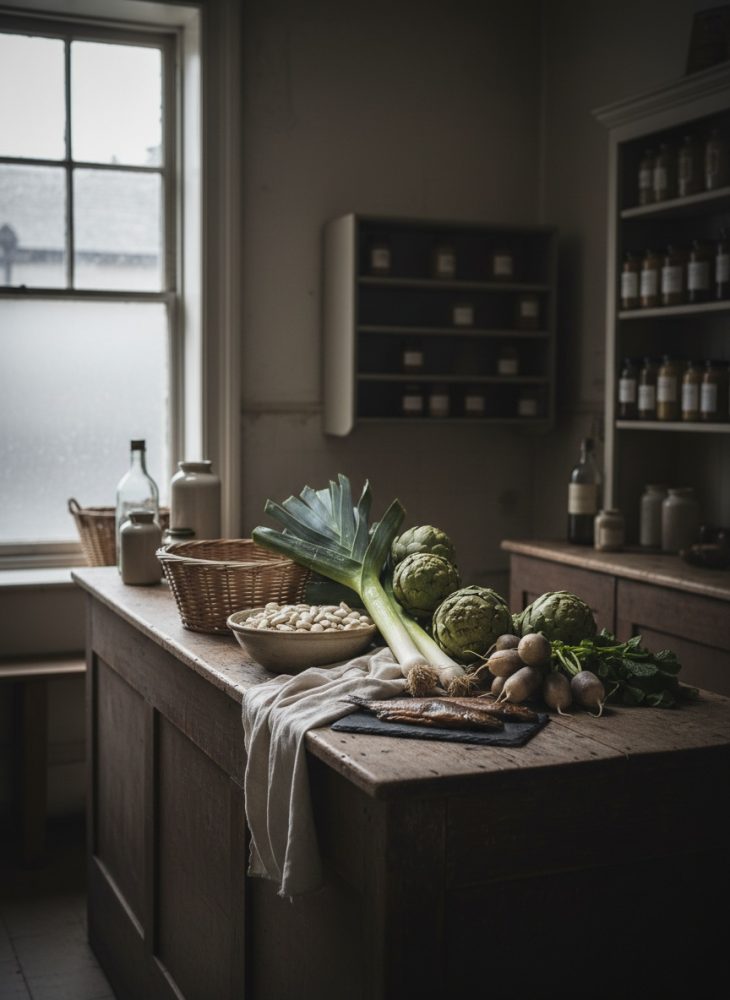 Legumes frescos e secos sobre bancada de madeira numa cozinha rústica com luz natural suave