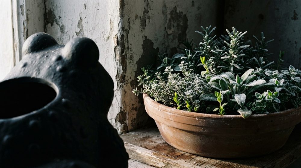 Vaso de barro com plantas aromáticas verdes perto de janela antiga com luz natural