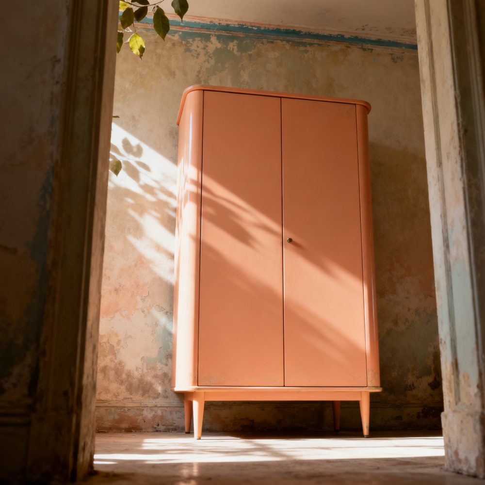 Armário vintage cor de pêssego com portas duplas em sala com paredes envelhecidas
