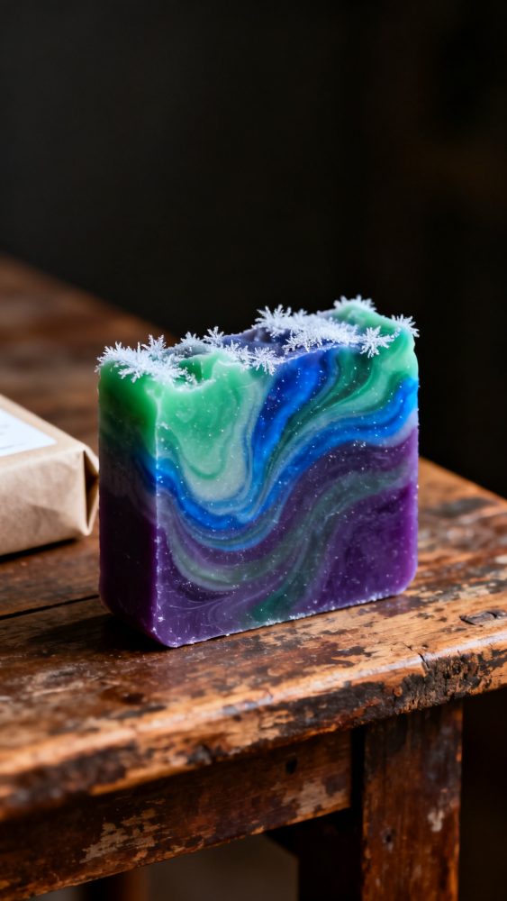 Sabonete artesanal com cores verde azul e roxo e flocos brancos no topo sobre mesa de madeira rústica