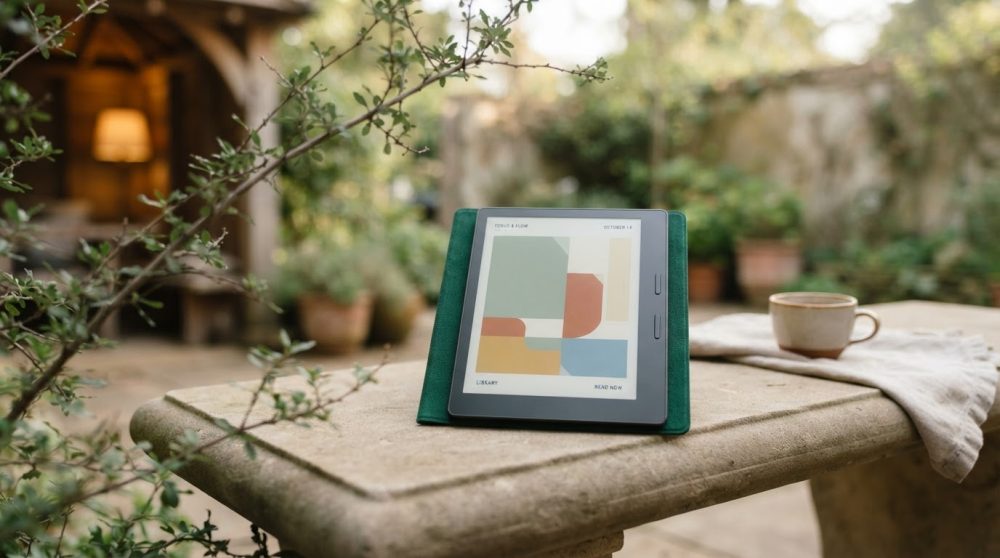 Leitor digital com capa verde numa mesa de pedra ao ar livre rodeado de plantas e chávena