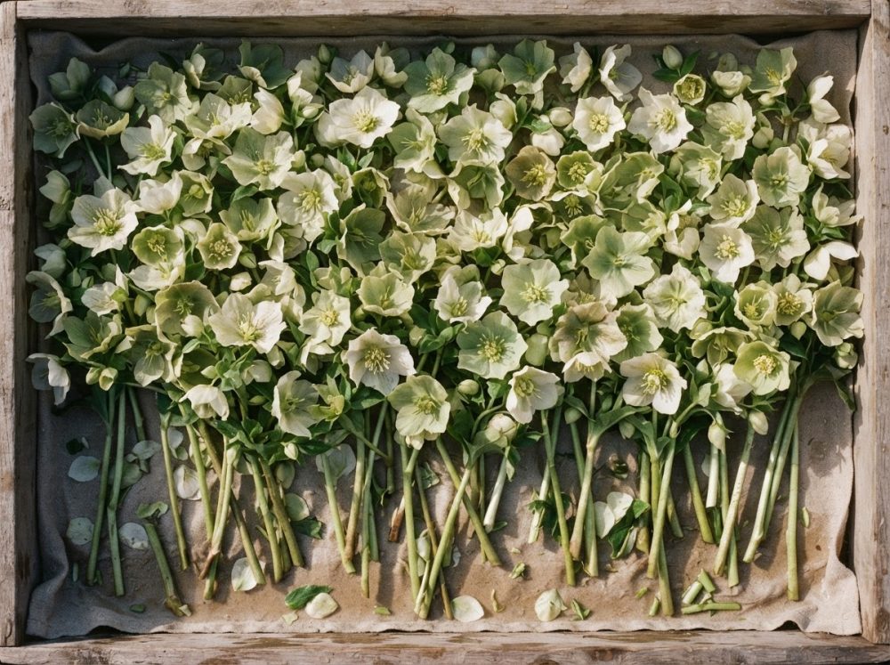 Ramo de flores helleborus branco e verde sobre tecido em caixa de madeira rústica