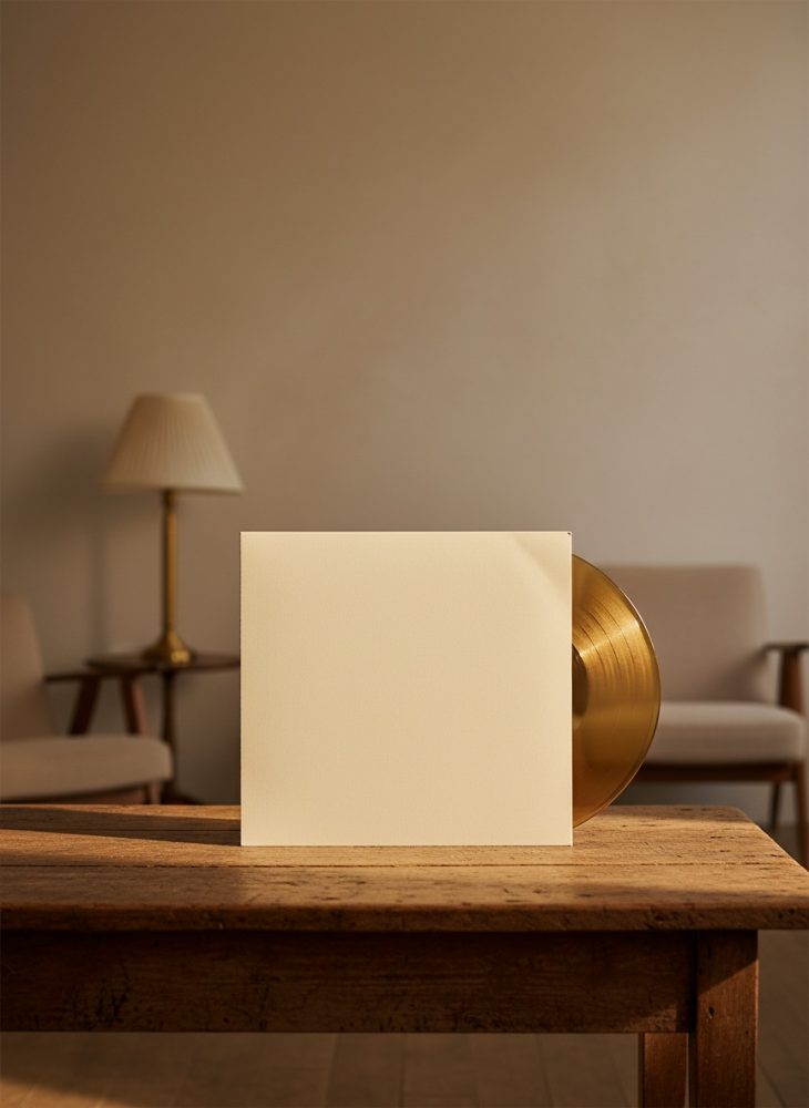 Mockup de capa de vinil creme com disco dourado numa mesa de madeira rústica em sala vintage
