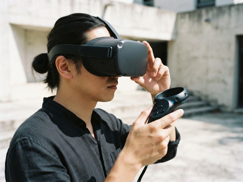 Homem com óculos de realidade virtual e comando de videojogos em área urbana exterior