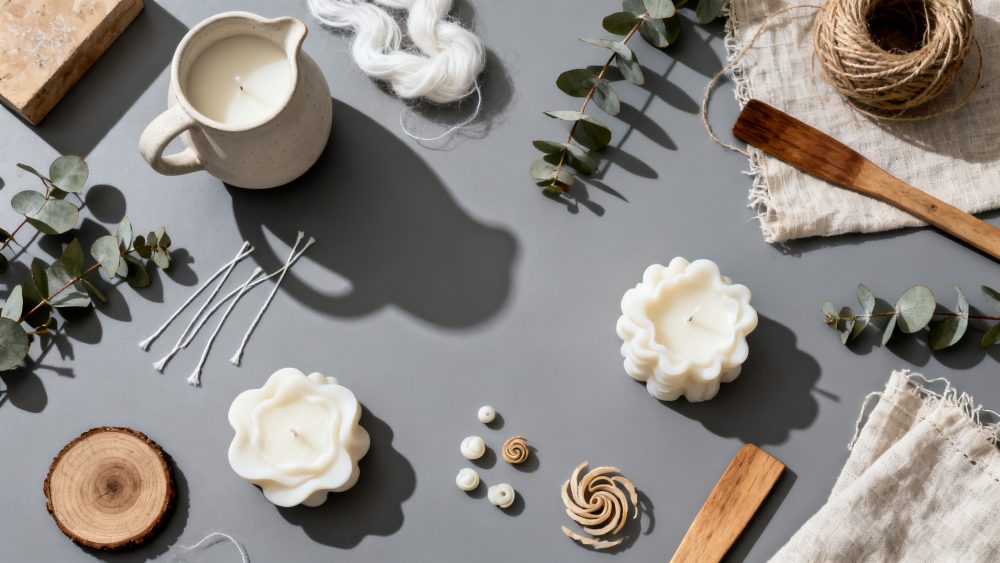 Materiais artesanais com velas brancas, cordas, madeira e folhas de eucalipto em fundo cinza