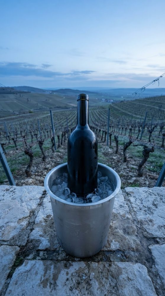 Garrafa de vinho tinto em balde metálico com gelo numa vinha ao entardecer