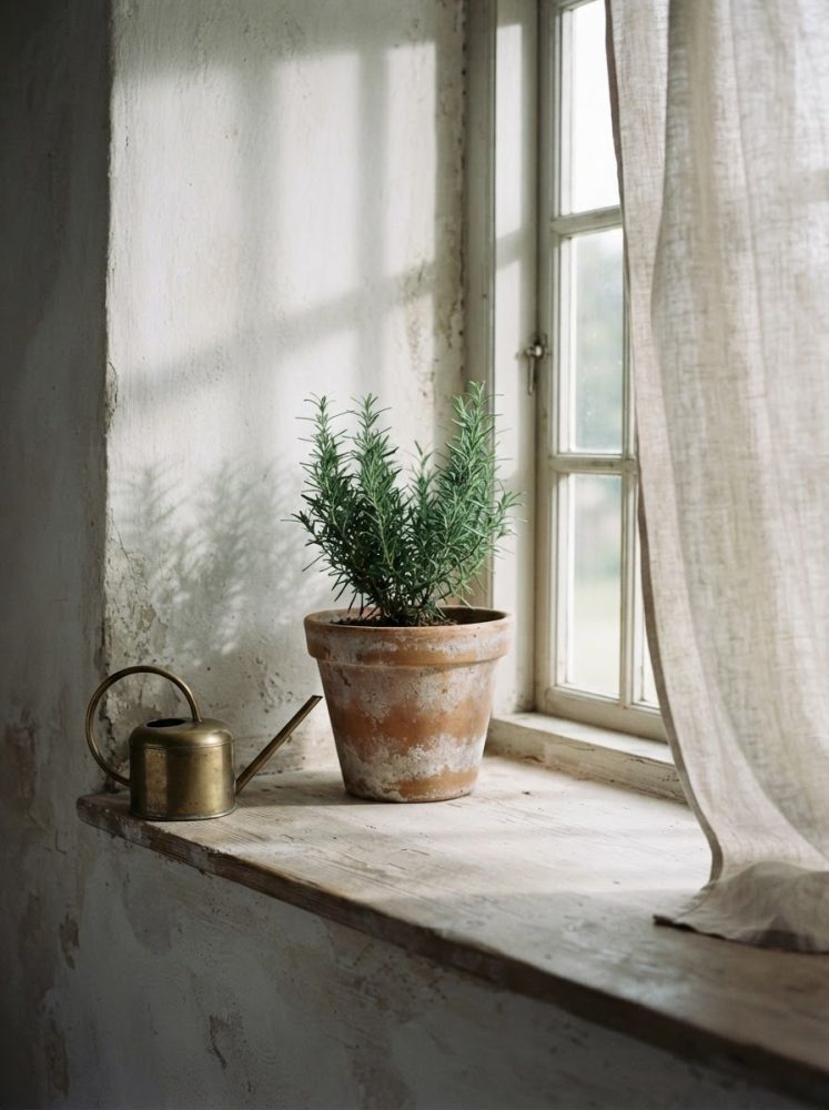 Vaso de barro com planta aromática junto a janela com cortina transparente e regador dourado