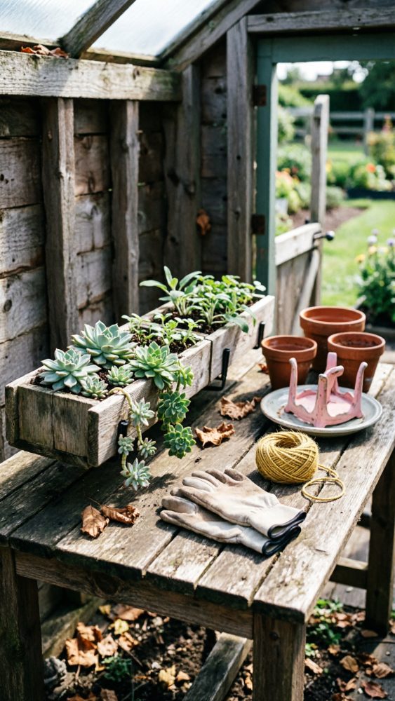 Mesa de madeira com plantas suculentas, luvas, vasos de barro e ferramentas numa estufa iluminada