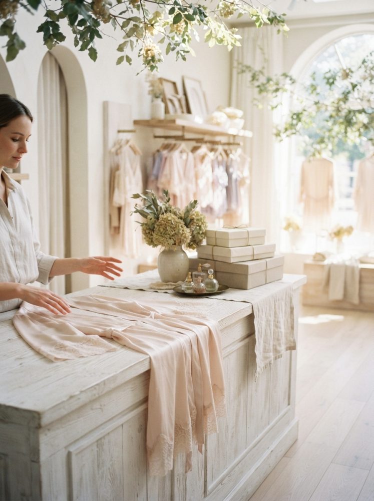 Mulher numa loja luminosa a preparar lingerie bege delicada num balcão de madeira branca
