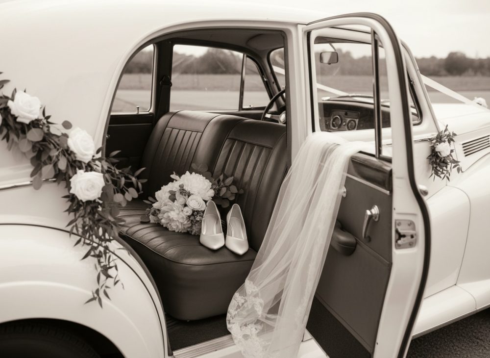Carro branco decorado com flores, bouquet, sapatos e véu de noiva no interior aberto