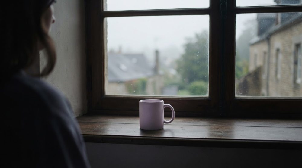 Caneca lilás numa janela com vista desfocada de casas urbanas