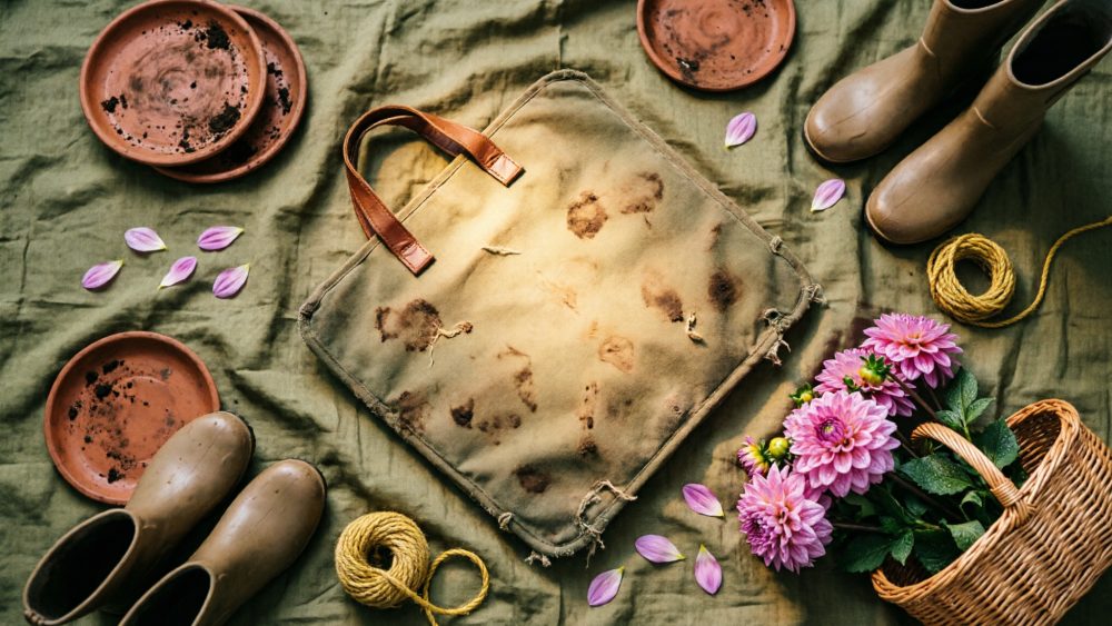 Botas, bandeja manchada, pratos de barro, flores rosas num cesto e cordel sobre pano verde