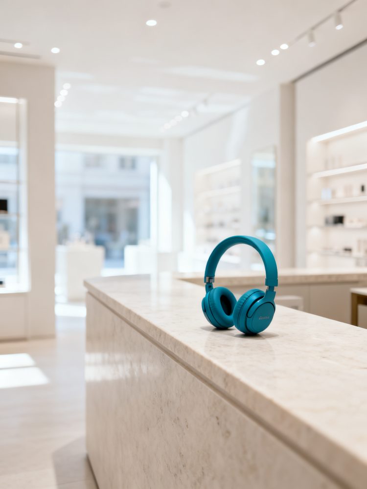 Headphones azuis sem fio sobre balcão de mármore branco em loja moderna e iluminada