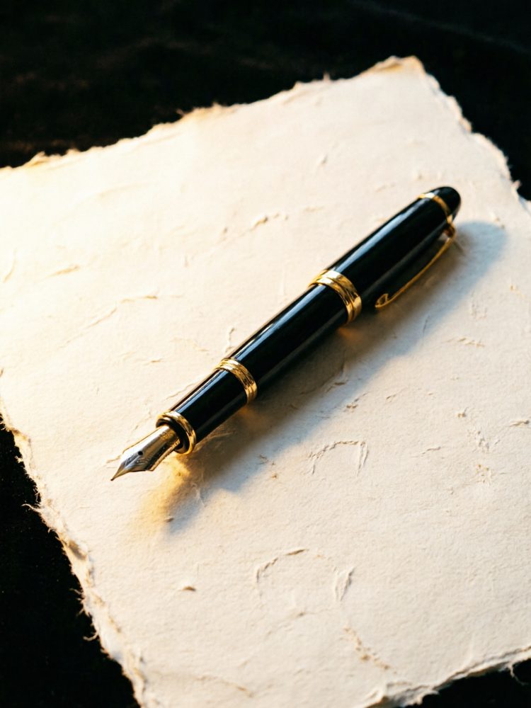 Caneta preta com detalhes dourados sobre papel artesanal texturizado escuro