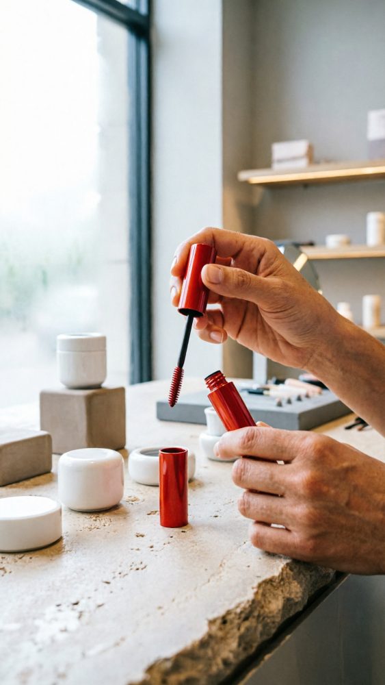 Mãos segurando e abrindo aplicador de rímel vermelho numa bancada com produtos de beleza