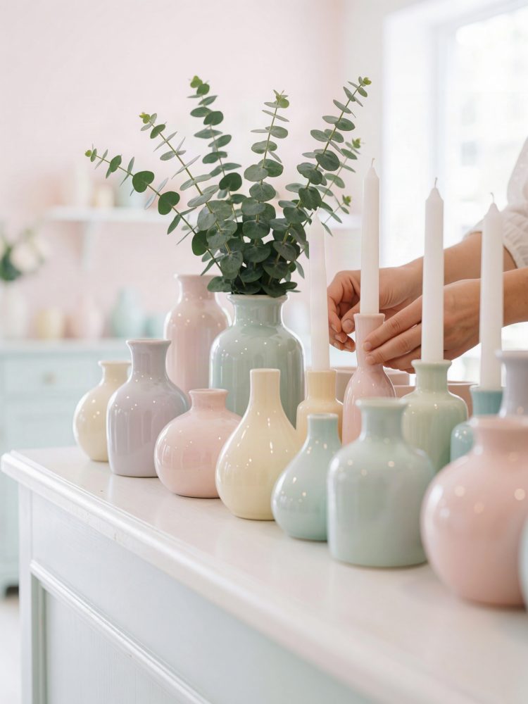 Vasos de cerâmica em tons pastel com velas brancas e um ramo de folhas verdes sobre aparador branco
