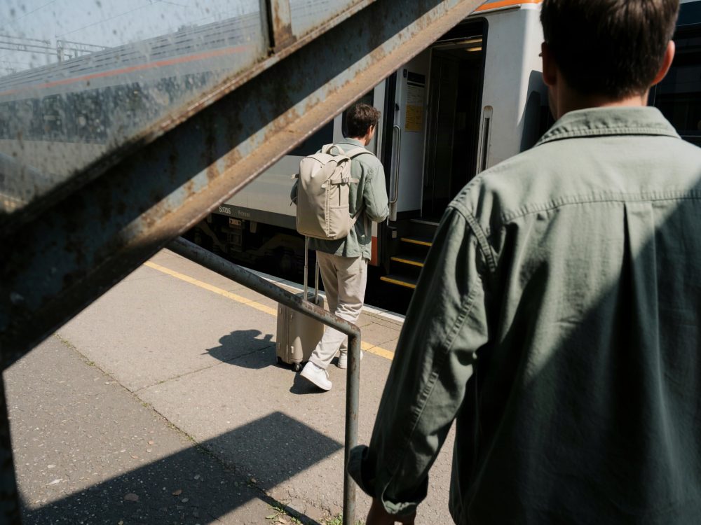 Passageiro com mochila e mala a entrar num comboio numa estação exterior sob estrutura metálica