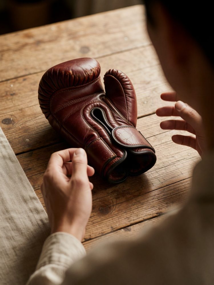 Mãos próximas de luva de boxe em pele castanha sobre mesa de madeira rústica