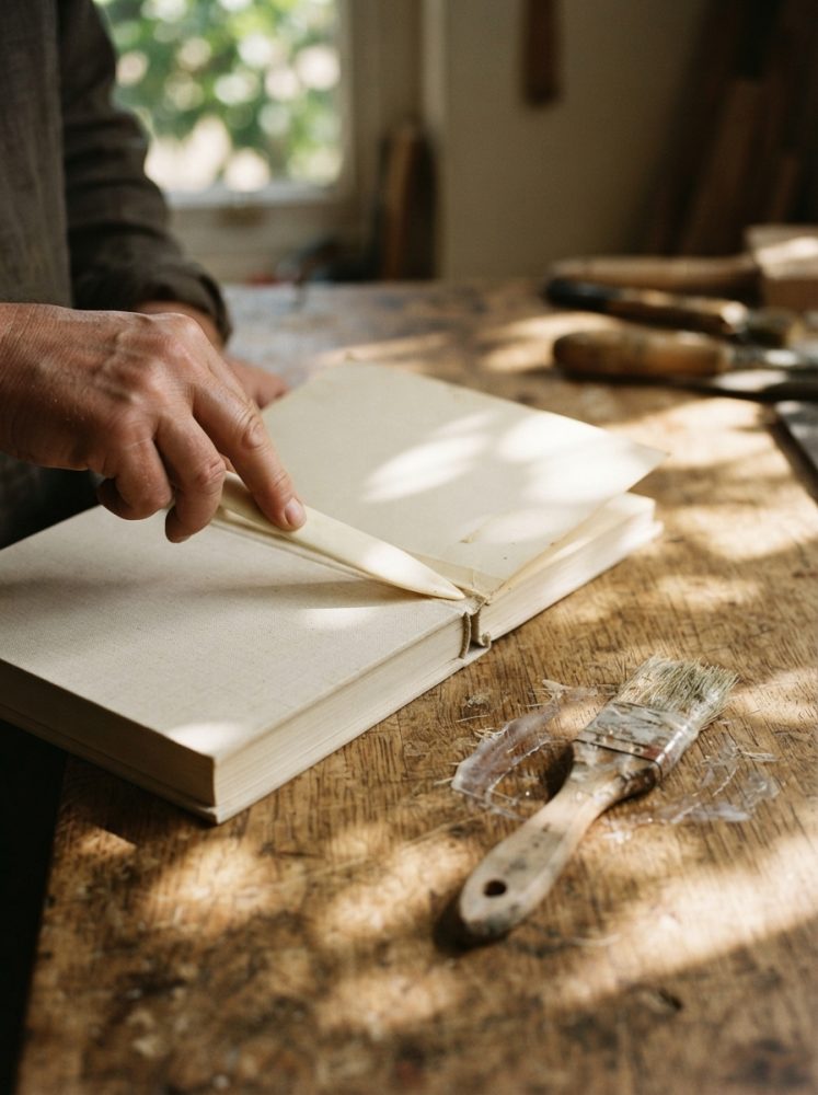Mão encaderna livro artesanalmente numa mesa de madeira com pincel e ferramentas ao fundo