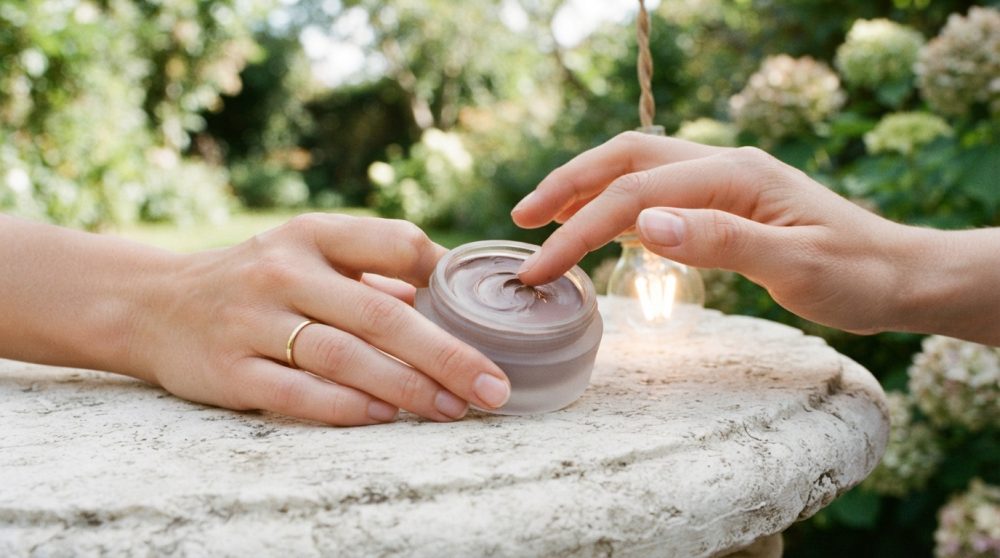 Mãos femininas a aplicar creme hidratante num frasco aberto sobre pedra com fundo de jardim verde