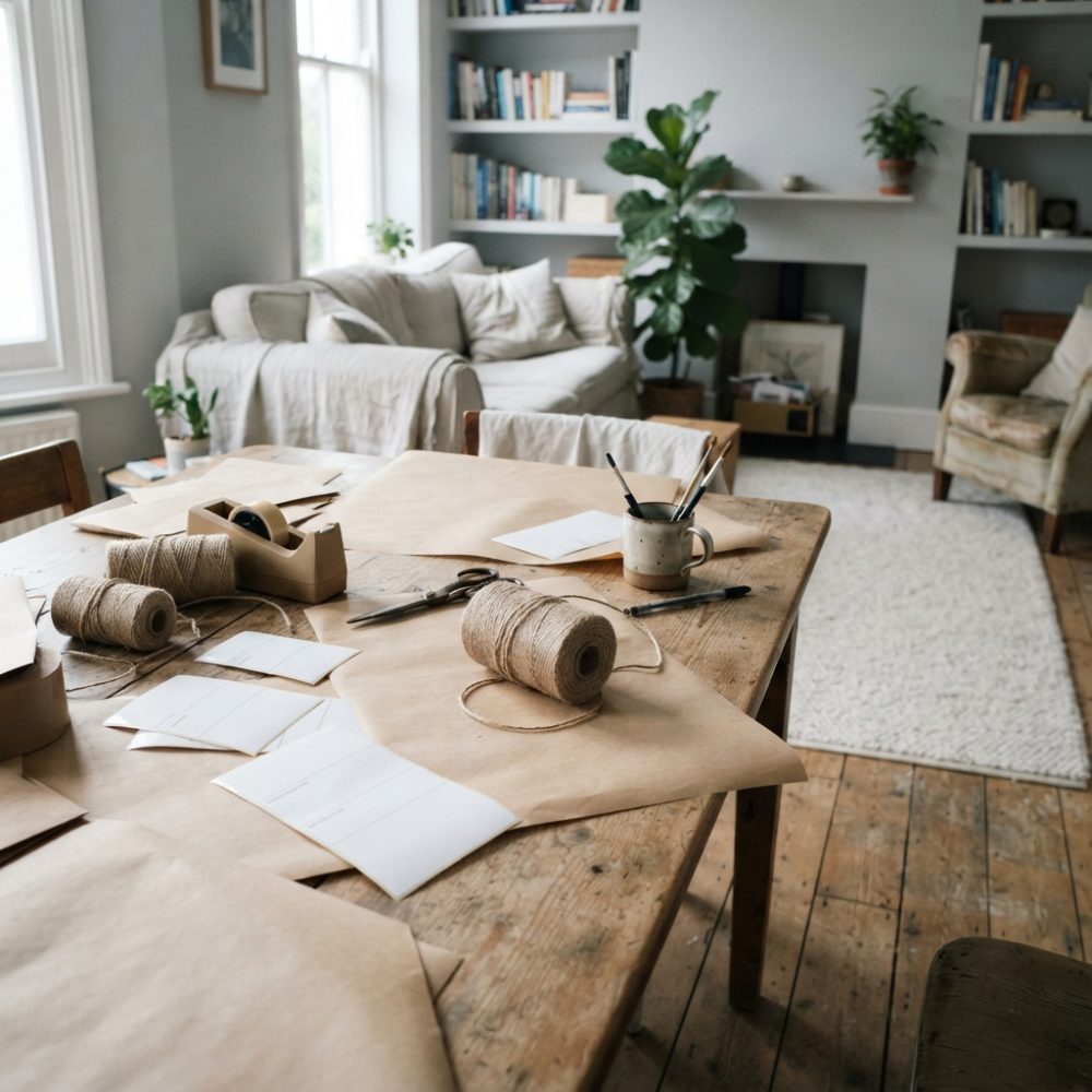 Mesa de madeira com papel kraft, cordas, etiquetas e fita cola para embalagens, ambiente com sofá e plantas