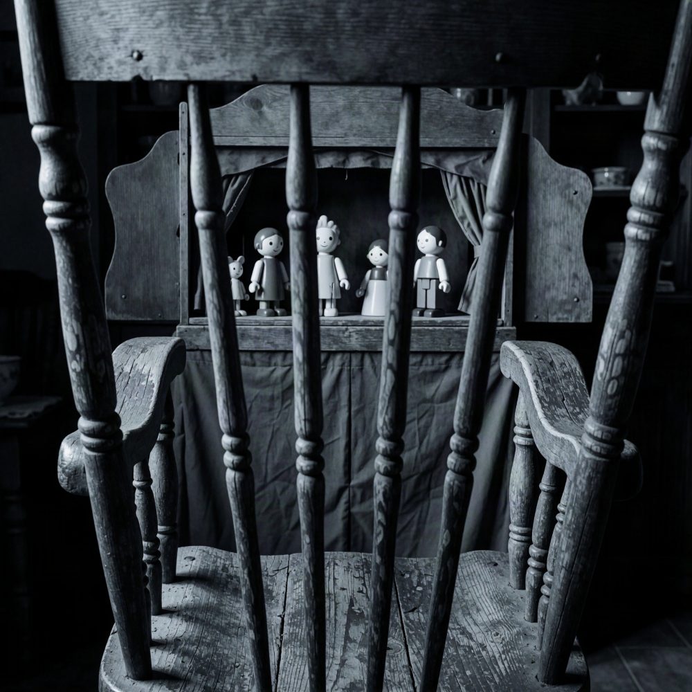 Teatro de marionetas em madeira visto através das ripas de um cadeirão rústico