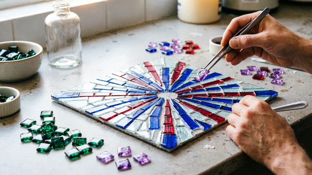 Mãos colocam azulejo roxo num mosaico colorido em vidro sobre bancada clara