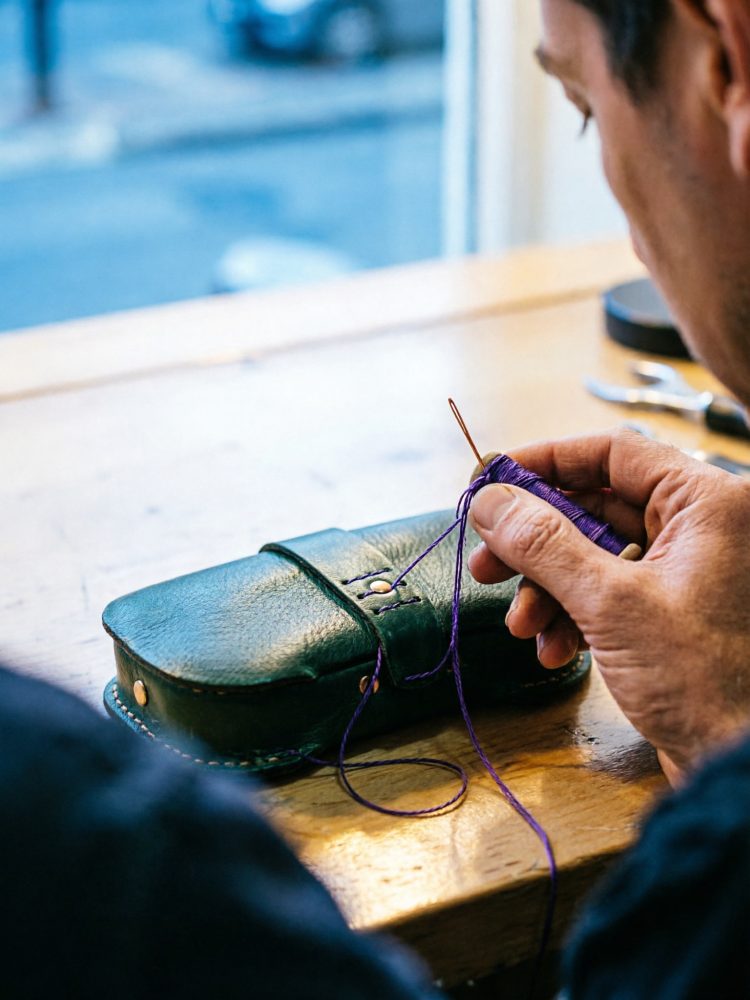 Pessoa a coser bolsa em pele com linha roxa numa mesa de madeira