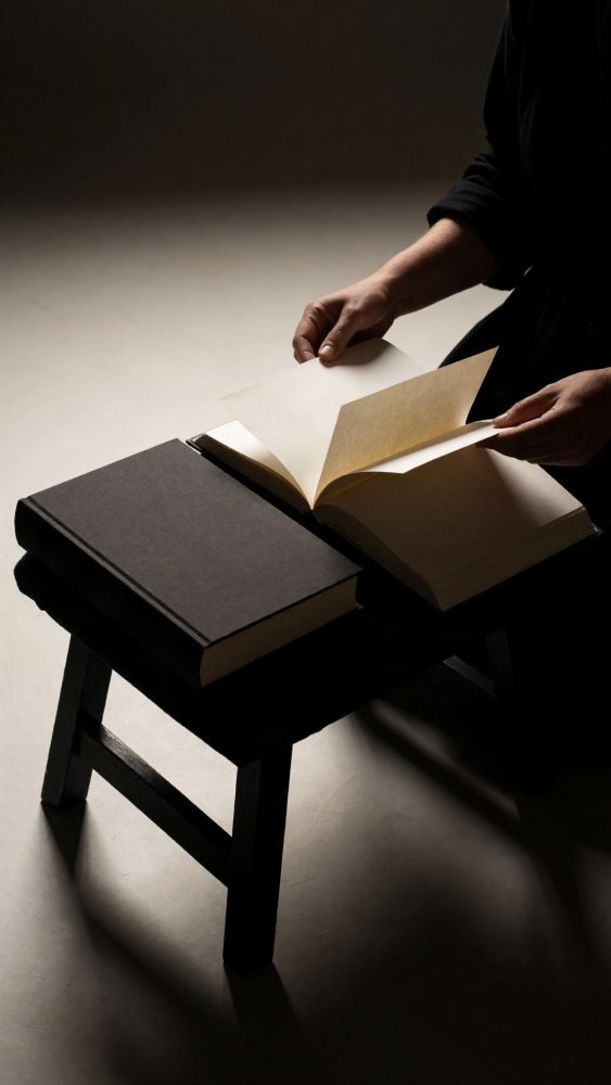 Mãos a folhear páginas de livro aberto sobre banco preto com outra obra fechada ao lado