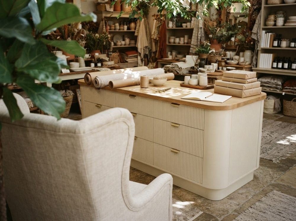 Móvel de arrumação creme com bancada de madeira num ambiente com poltrona clara e plantas decorativas
