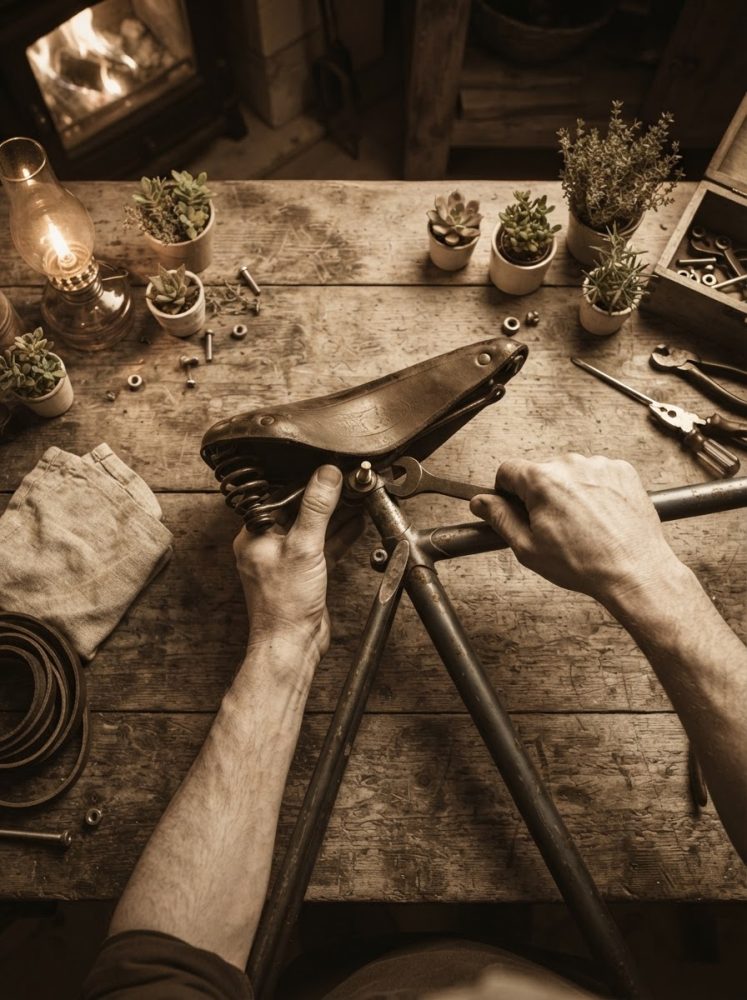 Mãos a reparar uma sela de bicicleta antiga sobre mesa de madeira com ferramentas e plantas