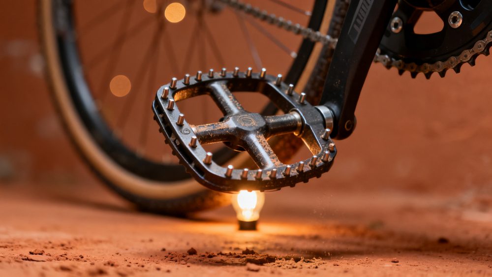 Pedal preto de bicicleta em chão de terra vermelha com luz quente focada por baixo