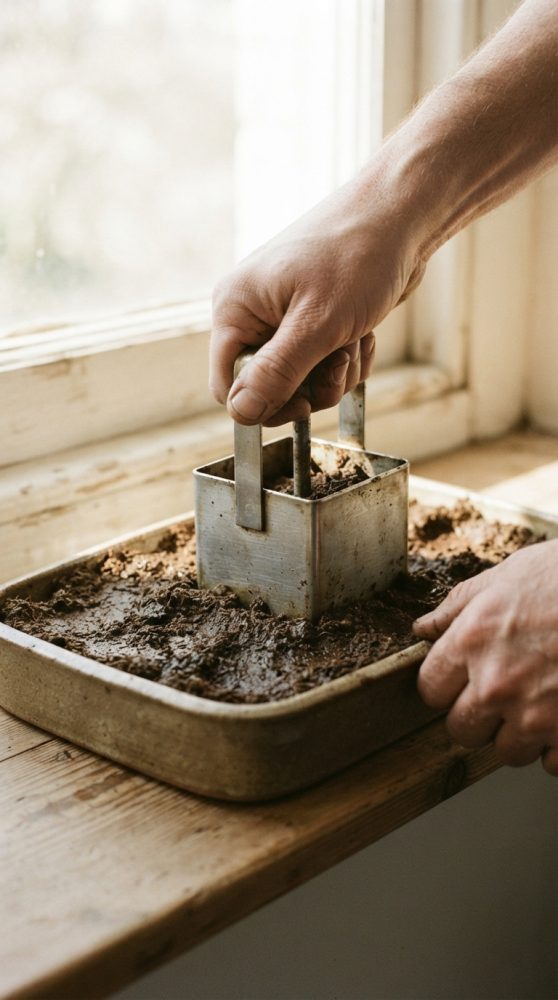 Mãos a usar molde metálico para moldar terra húmida num tabuleiro junto a uma janela