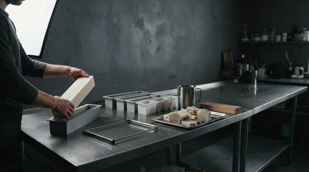 Pessoa segurando molde de sabão sobre bancada de inox com moldes e blocos de sabão a secar