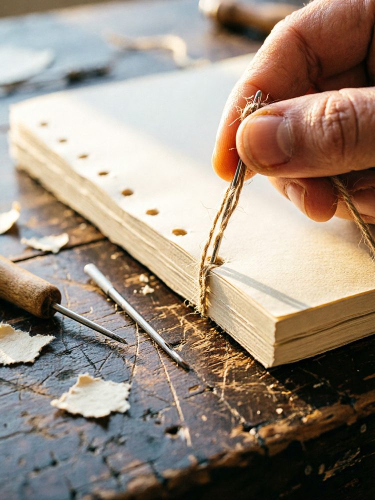 Mão a passar linha com agulha por furos em caderno artesanal sobre mesa de madeira rústica
