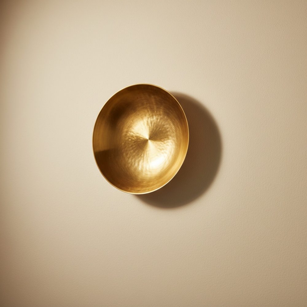 Prato decorativo dourado texturizado pendurado numa parede bege clara