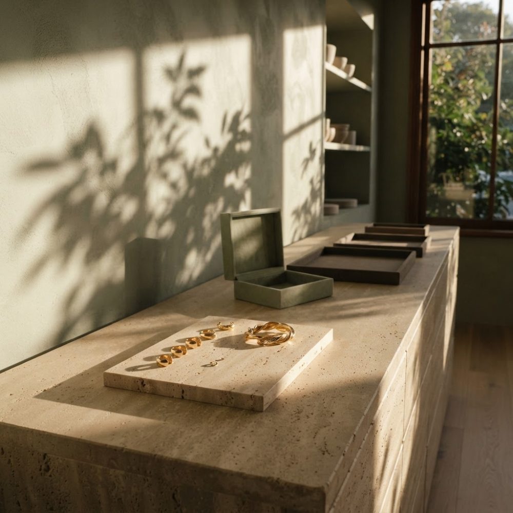 Joias douradas minimalistas sobre placa de pedra com caixas abertas e luz natural