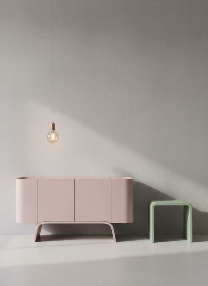 Aparador rosa minimalista com banco verde e candeeiro pendente numa sala clara