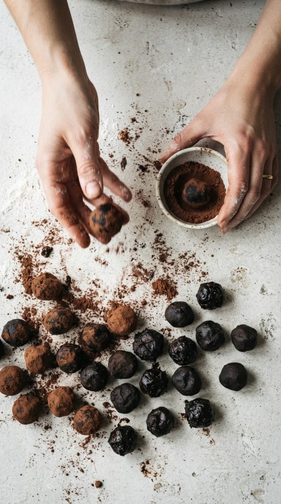 Mãos a enrolar trufas de chocolate polvilhadas com cacau em pó sobre uma mesa clara