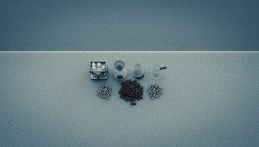 Grãos de café torrados e verdes com acessórios alinhados em bancada clara minimalista