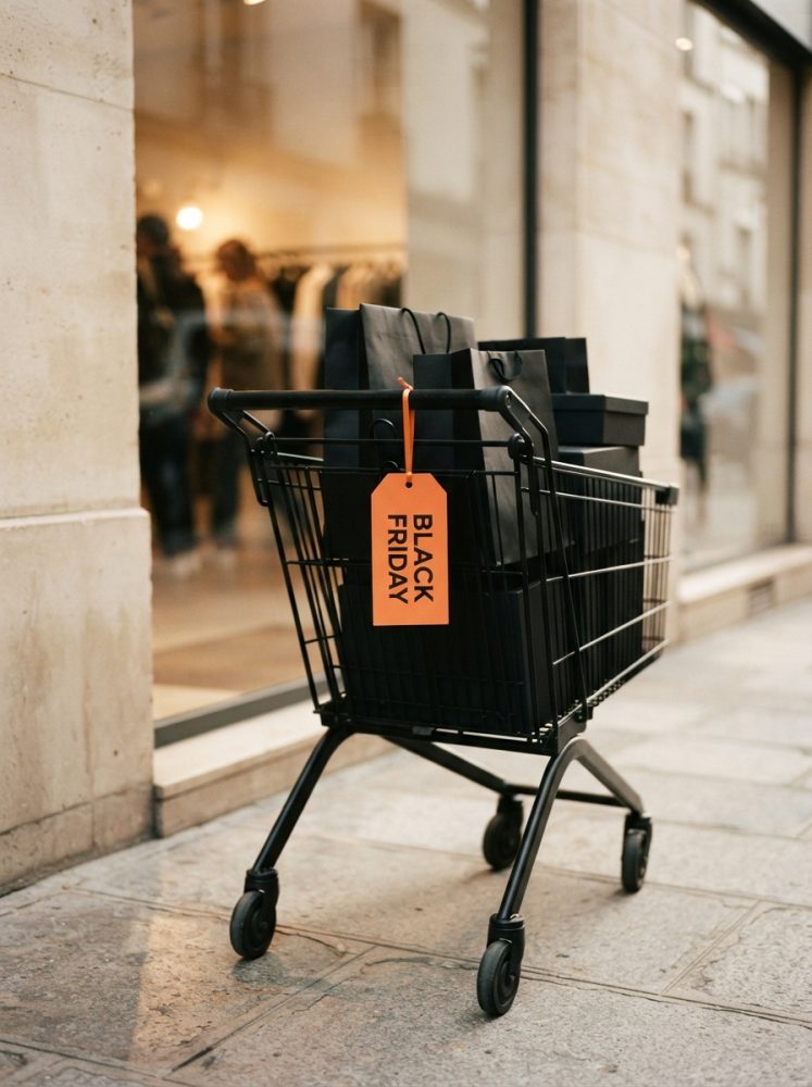 Carrinho de compras preto cheio de sacos com etiqueta laranja Black Friday em calçada urbana