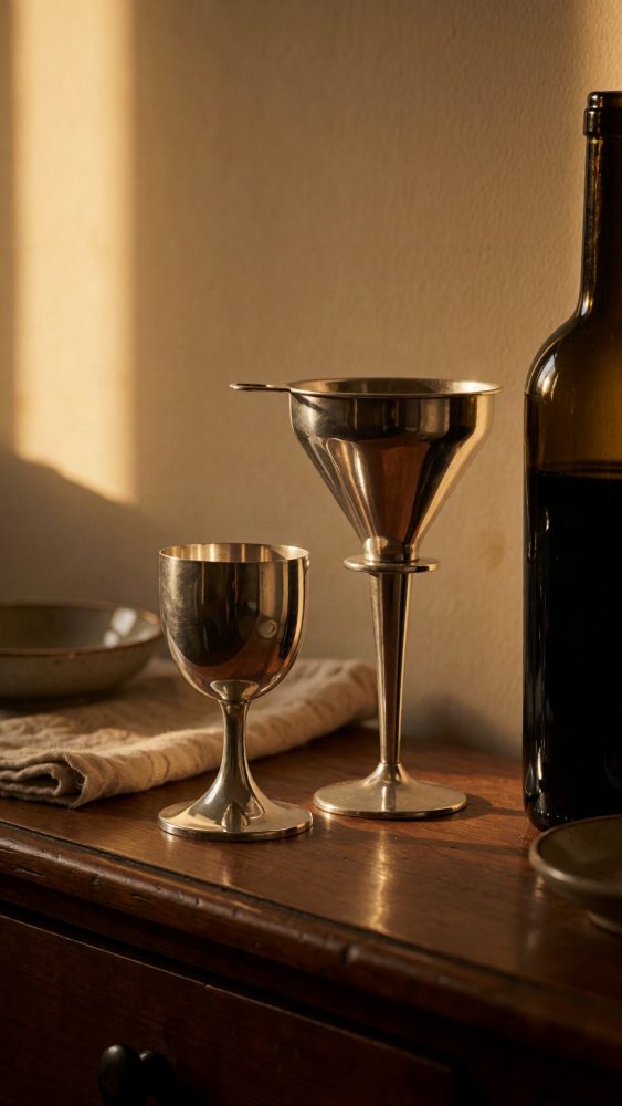 Taça e funil metálicos para vinho com garrafa escura numa mesa de madeira sob luz calorosa