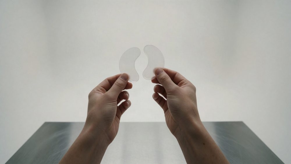 Mãos seguram patches transparentes de hidrogel para cuidados sob os olhos com fundo neutro