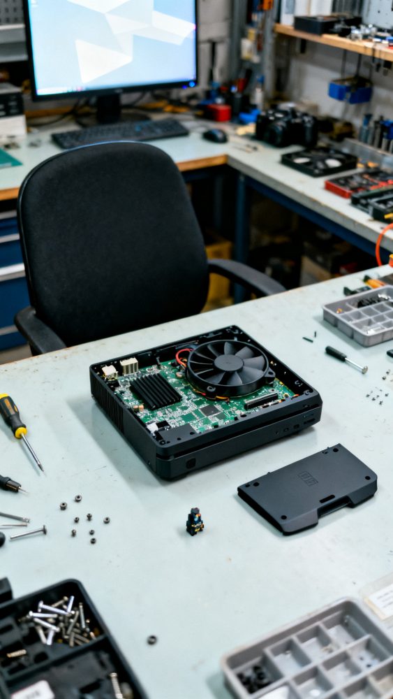 Mesa de trabalho com consola de gaming aberta, componentes eletrónicos e ferramentas