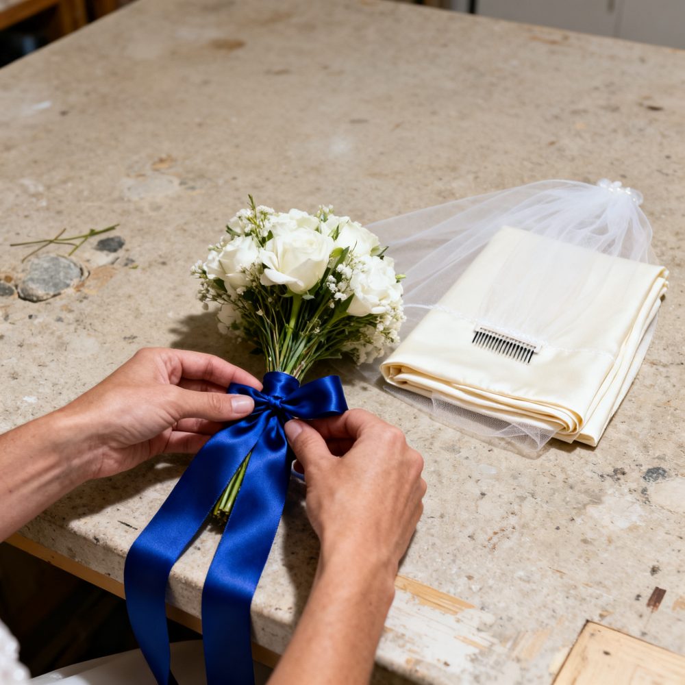 Bouquet de flores brancas com fita azul e véu branco dobrado em superfície de pedra